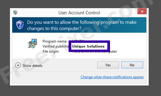 Screenshot where Unique Solutions appears as the verified publisher in the UAC dialog